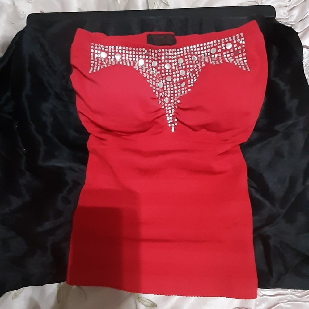Red Embellished Tube Top, one size comfy fit stretch acrylic, removable padding